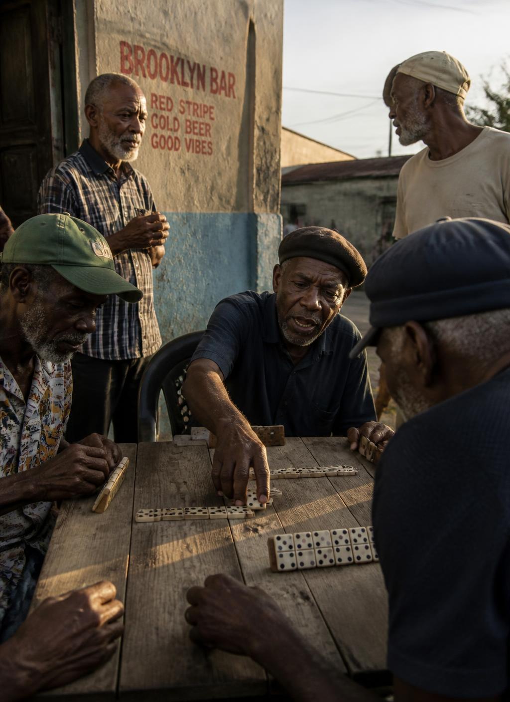 Older men playing dominoes at a wooden table on a street corner