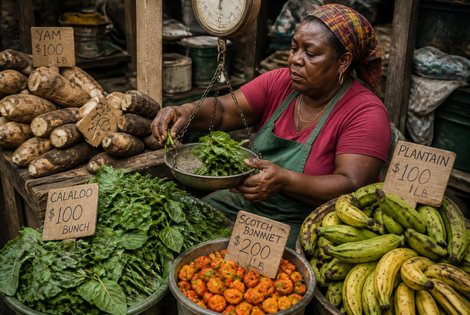 A market vendor weighs callaloo beside yam, plantain and scotch bonnet peppers